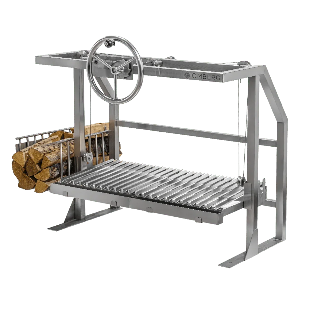 Omberg Asado Gaucho 1000 Built-in stainless steel Argentine parrilla grill, front view showing brasero