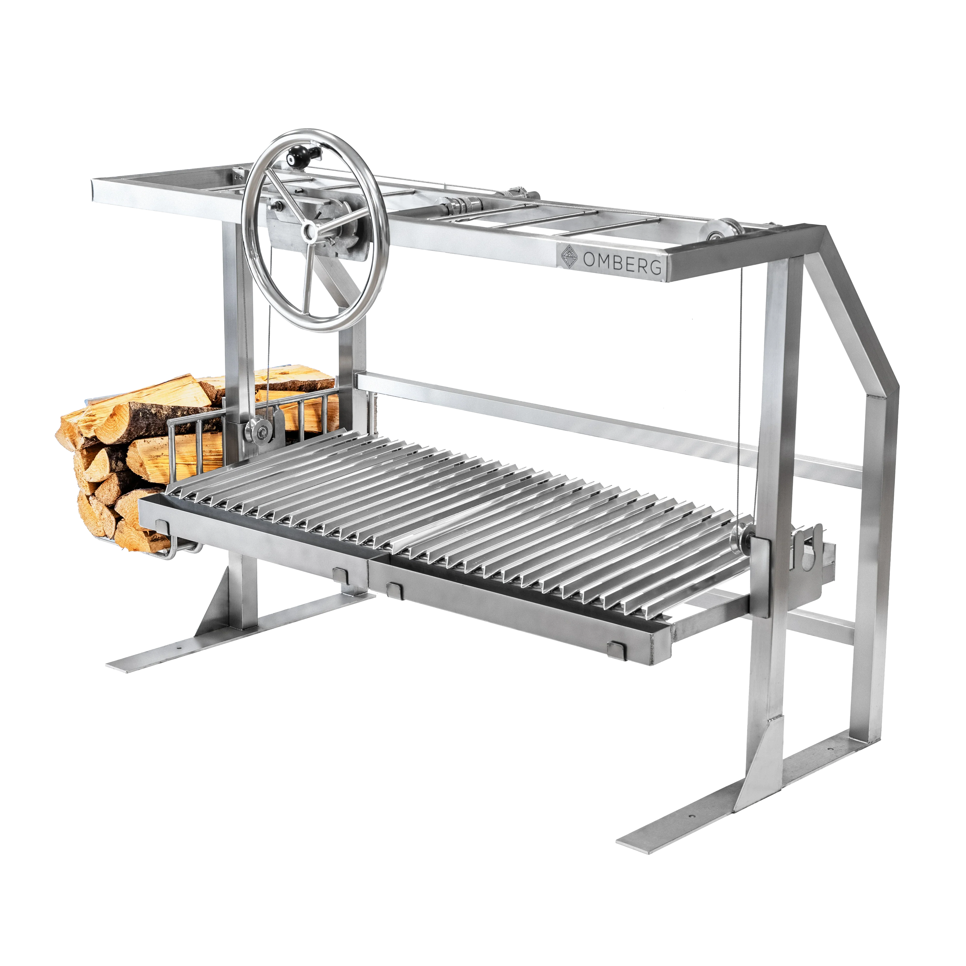 Omberg Asado Gaucho 1200 Built-in stainless steel Argentine parrilla grill installed in outdoor kitchen