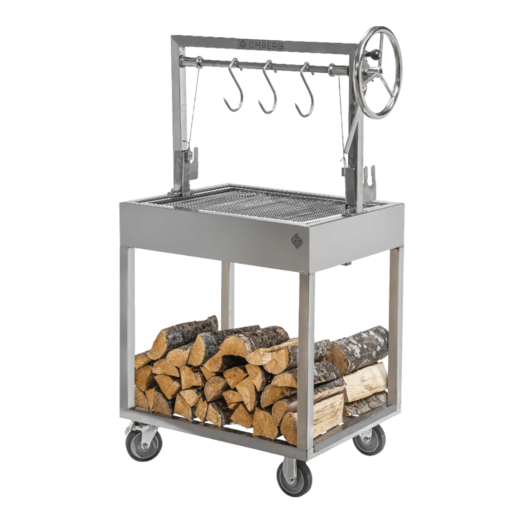 Omberg Asado Gaucho 800 stainless steel Argentine parrilla grill, front view showing V-grates and brasero