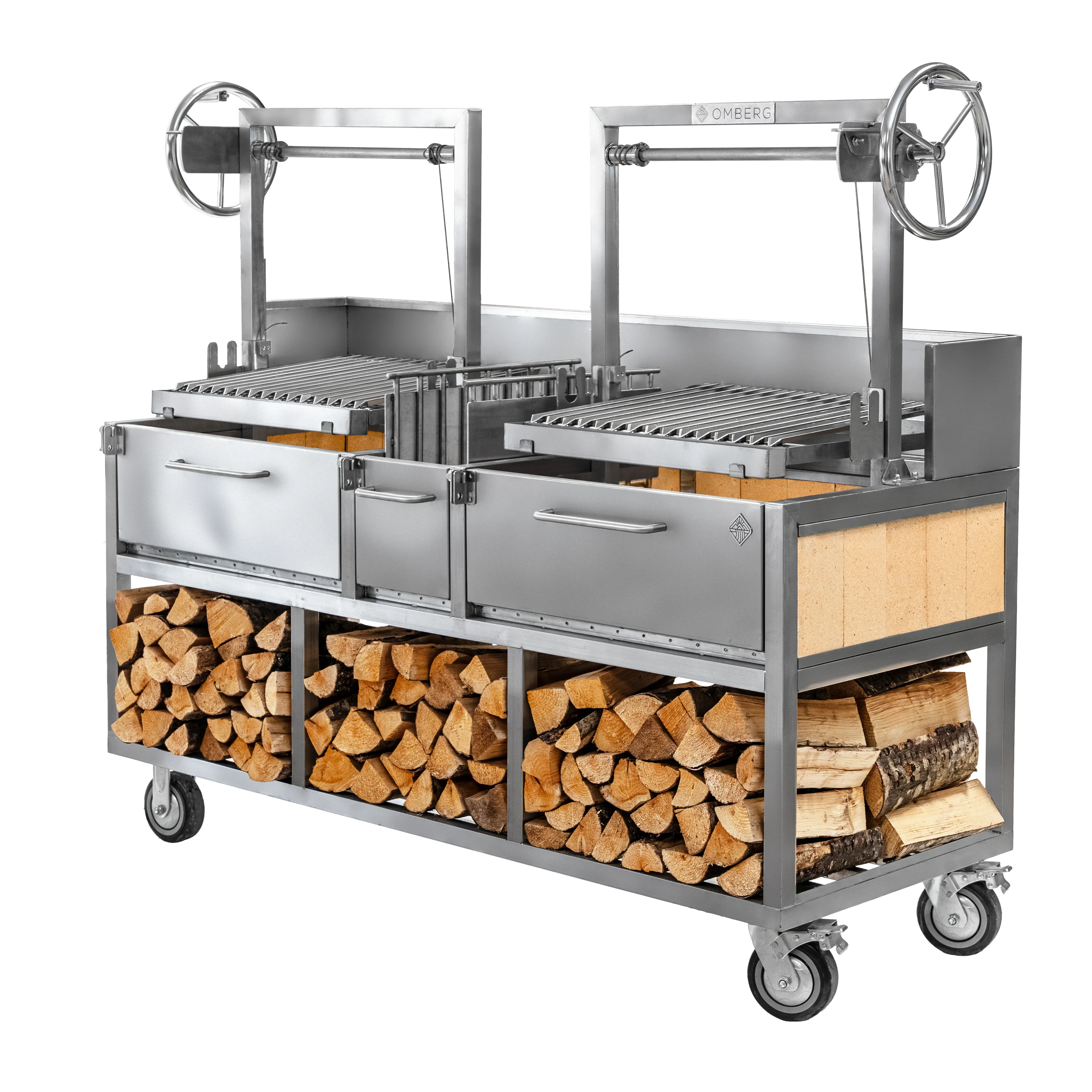 Asado Gaucho XXL stainless steel Argentine parrilla grill, front view showing V-grates and brasero