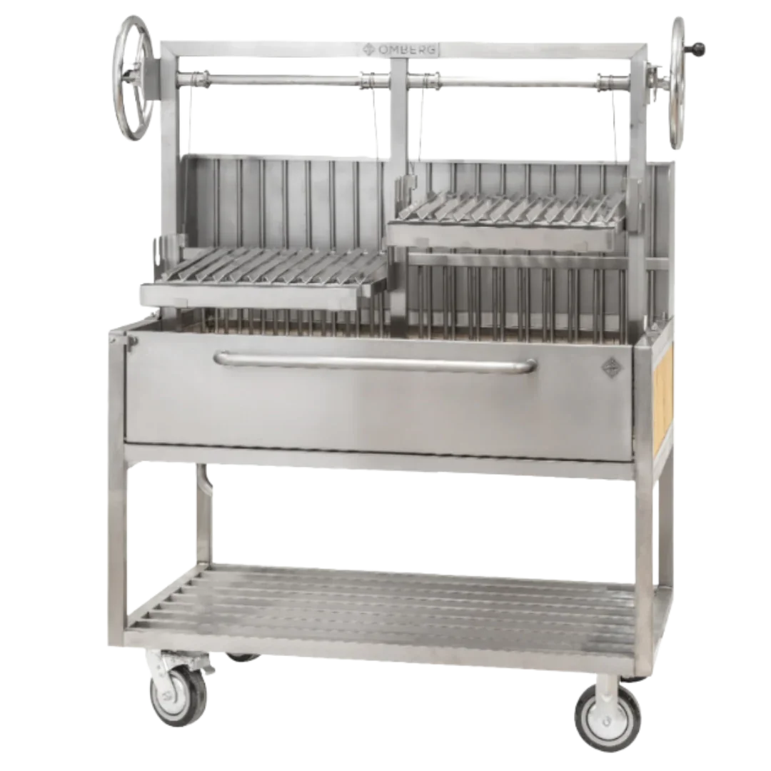 Omberg Asado Gaucho XL stainless steel Argentine parrilla grill, front view showing V-grates and brasero