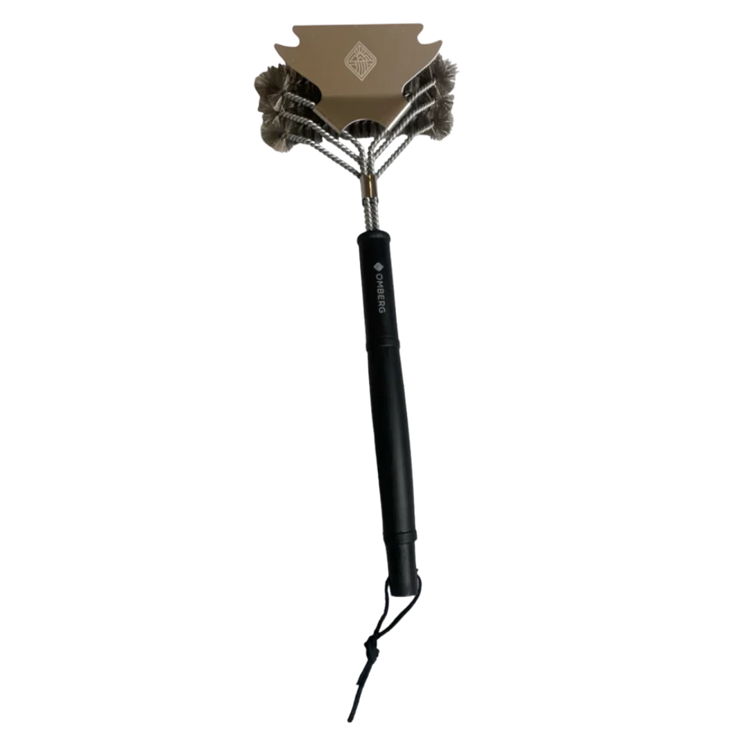 Omberg Grill Brush stainless steel large triple-section head with built-in scraper, full view