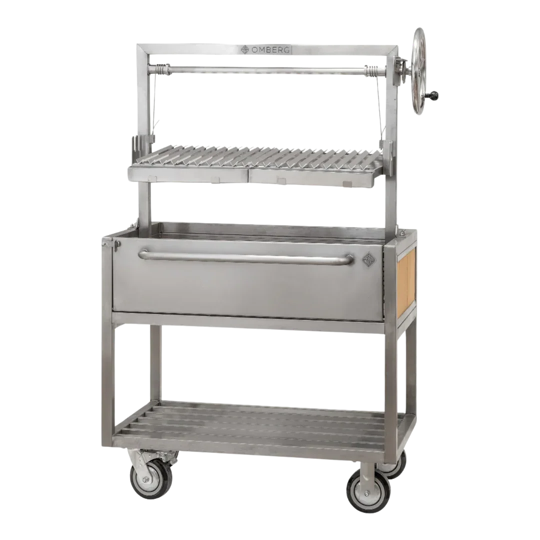 Omberg Asado Gaucho 1000 stainless steel Argentine parrilla grill, front view showing brasero and V-grates