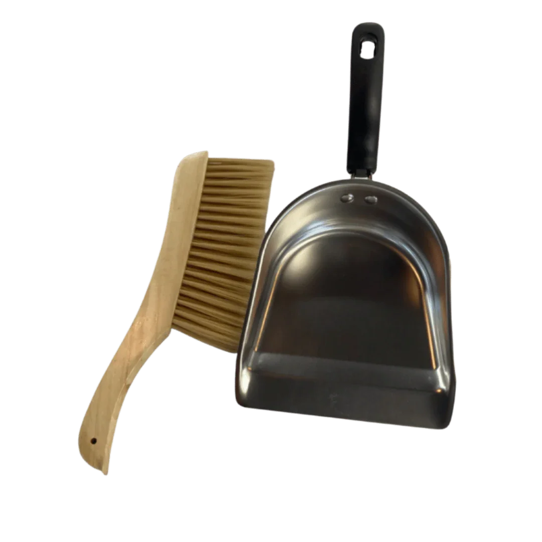 Omberg Ash Brush and Dustpan for charcoal grill, set displayed together