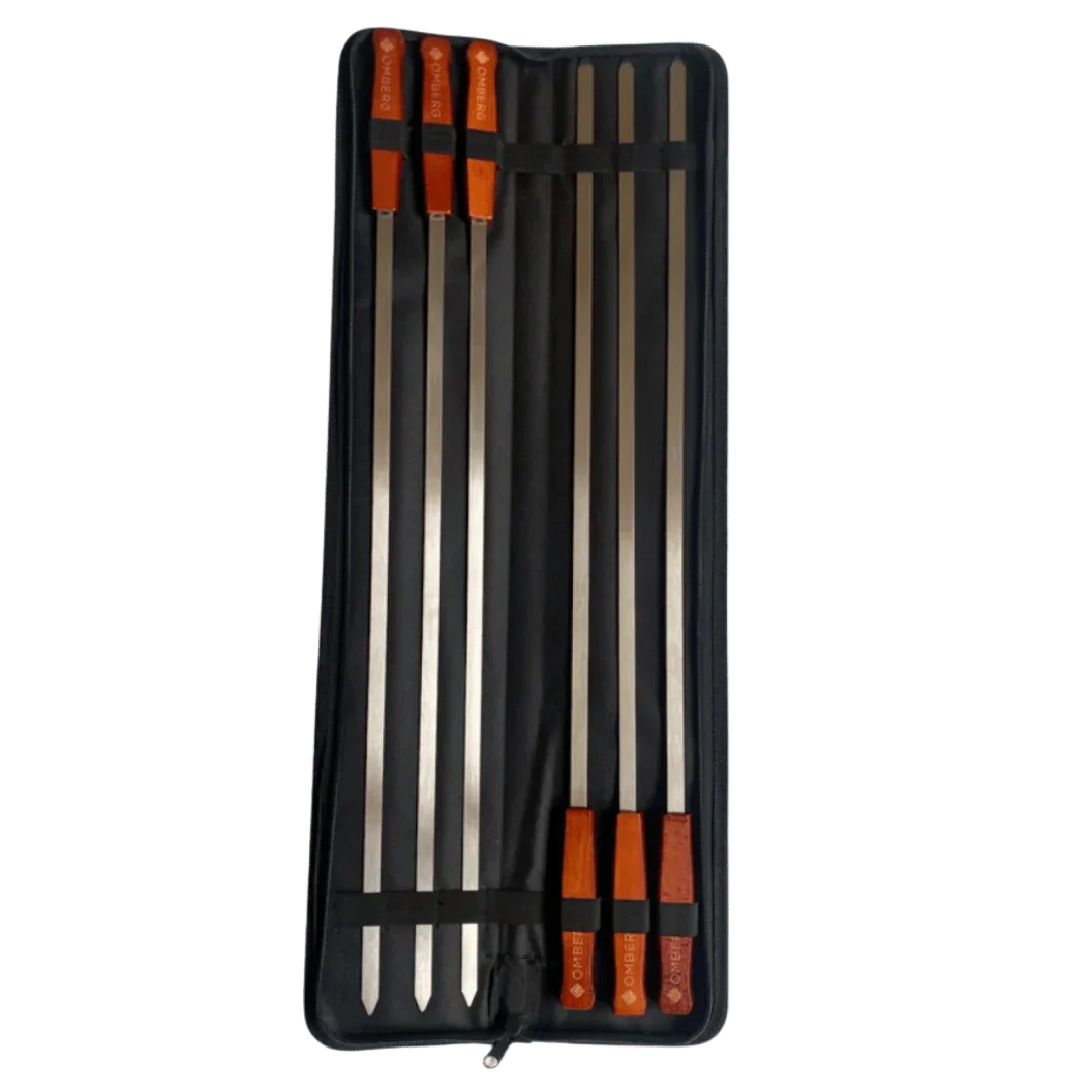 Omberg Wide BBQ Skewers 60 cm stainless steel with wooden handles, 6-pack fanned out