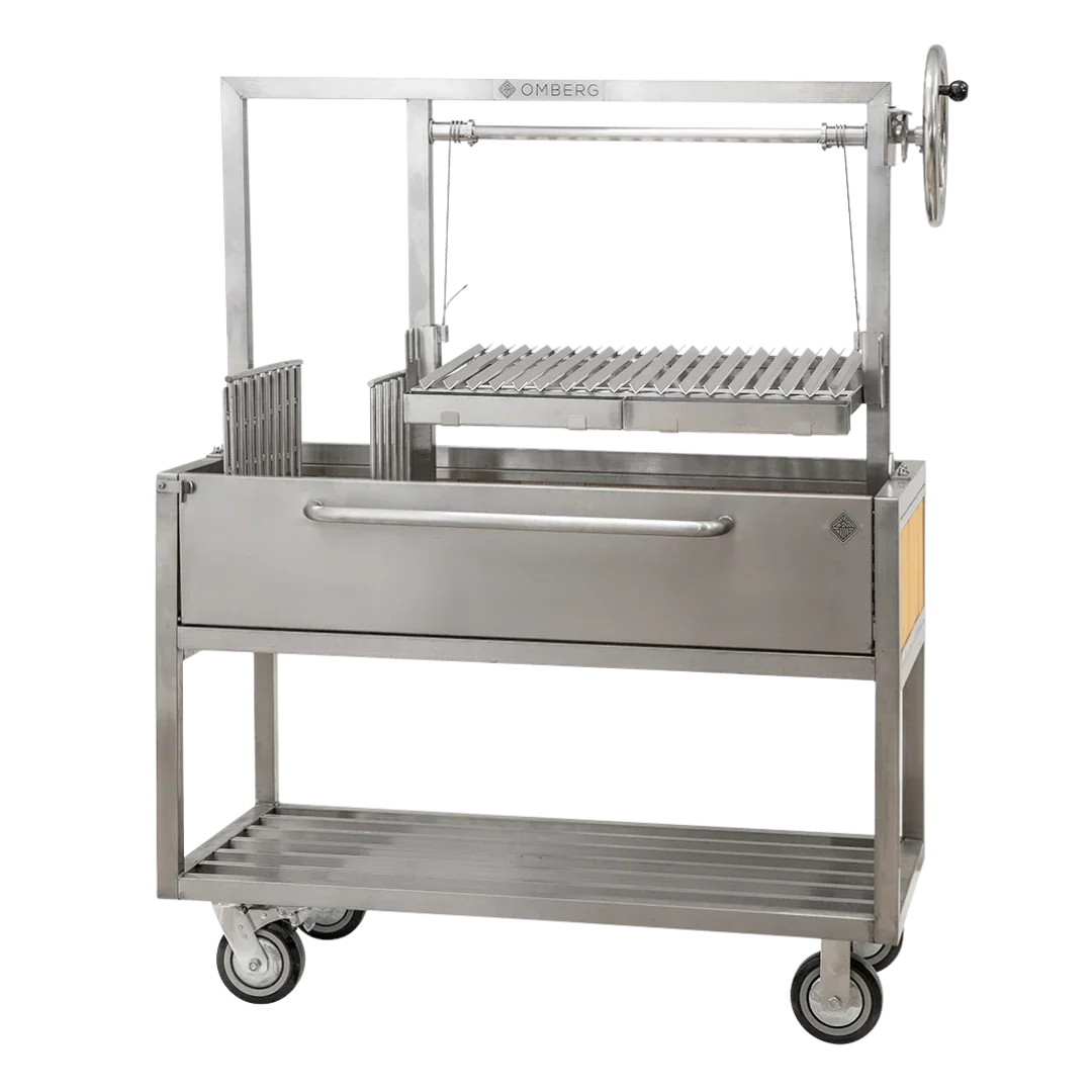 Omberg Asado Gaucho 1200 stainless steel Argentine parrilla grill, front view with brasero and V-grates