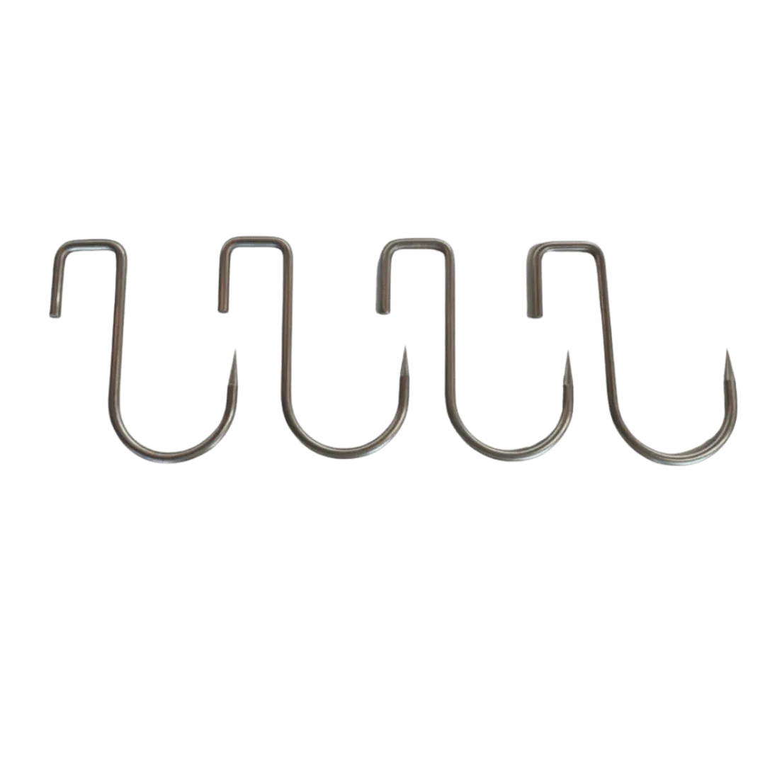 Omberg Asado Gaucho meat hooks steel 4-pack in use hanging meat over live fire