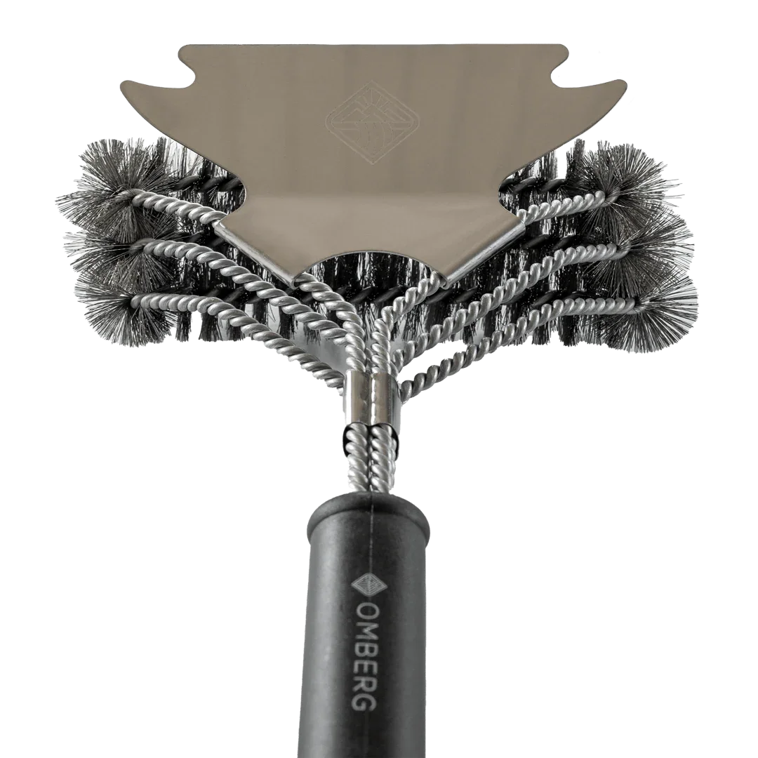 Omberg BBQ brush with built-in scraper, handle and head detail view