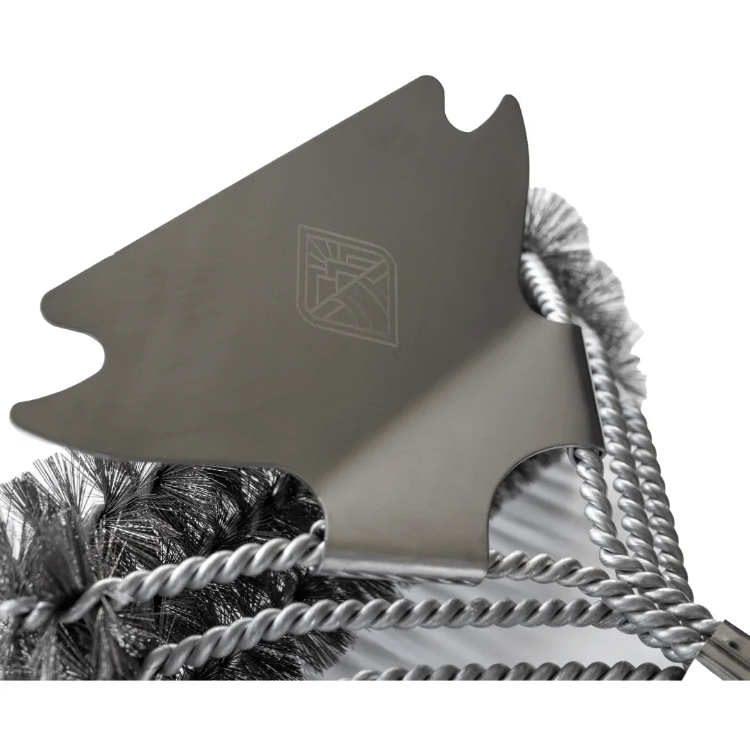 Omberg heavy-duty grill brush with scraper close-up of brush head and scraper blade