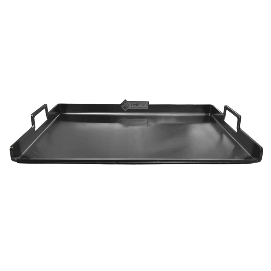 Omberg carbon steel griddle 41x53 cm made in Sweden label, close-up detail