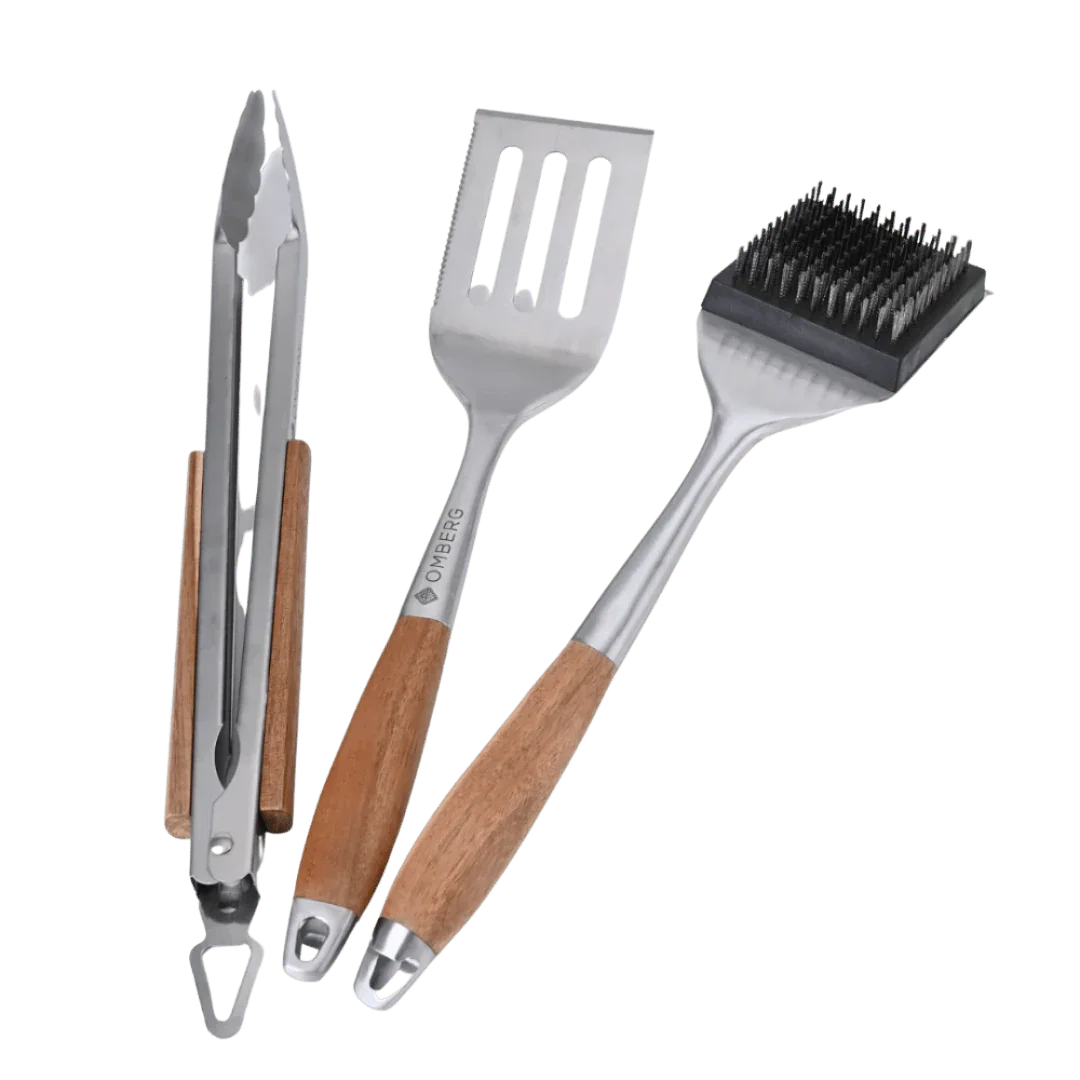 BBQ Tool Set stainless steel spatula tongs and grill brush with wooden handles, full set view
