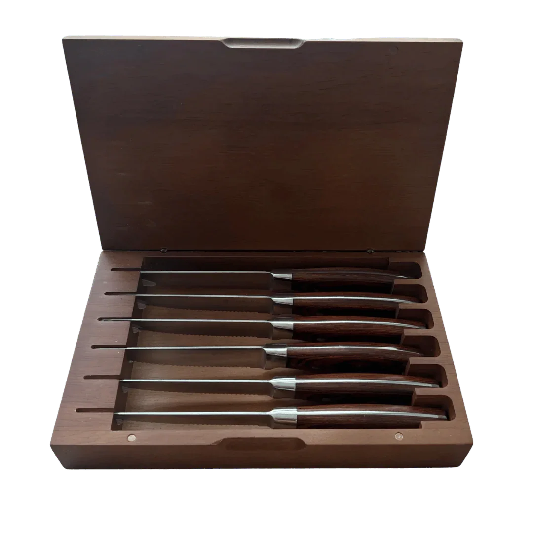 Omberg steak knives 6-pack in wooden box, knives fanned out showing blades