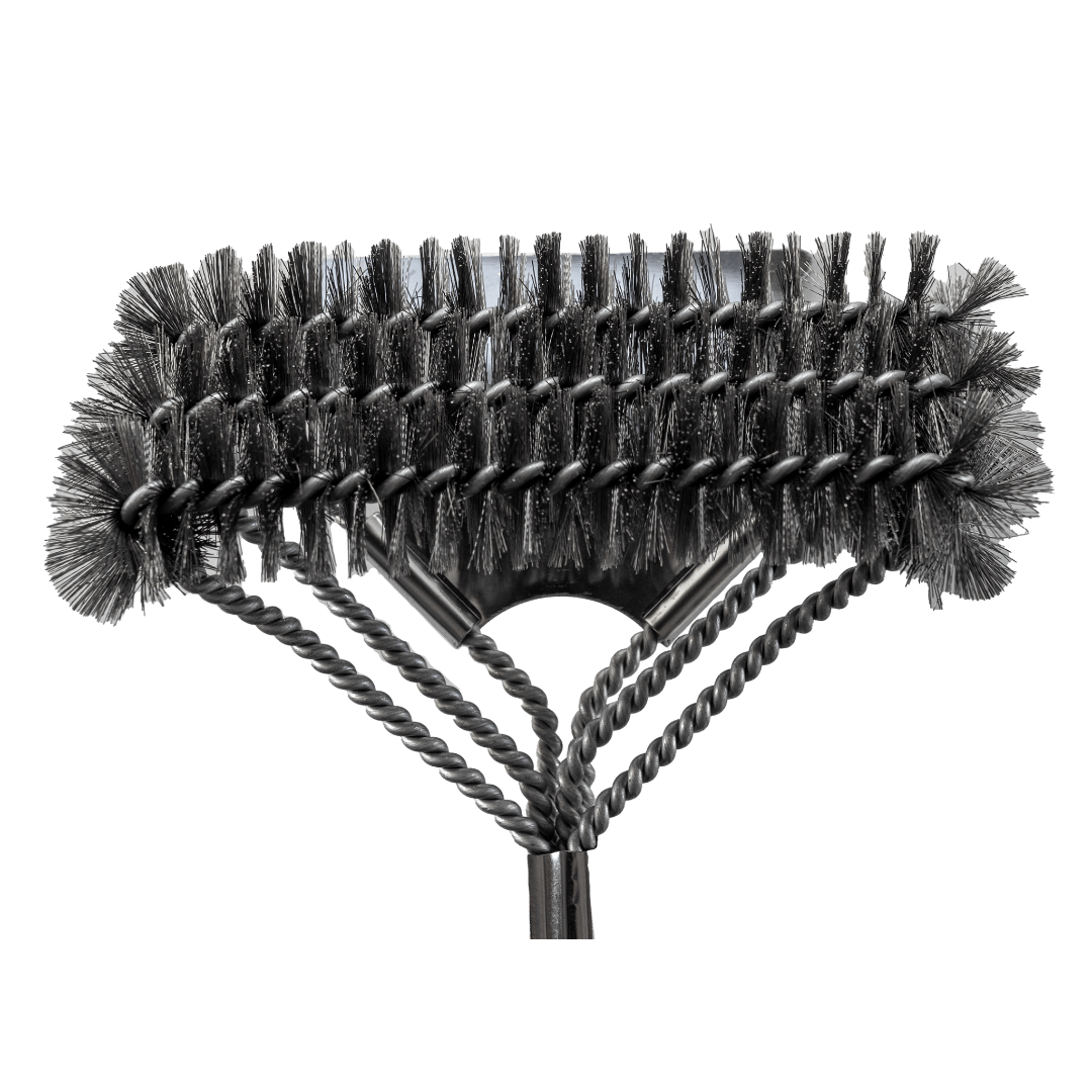 Omberg triple-head grill brush stainless steel, top view showing three cleaning sections