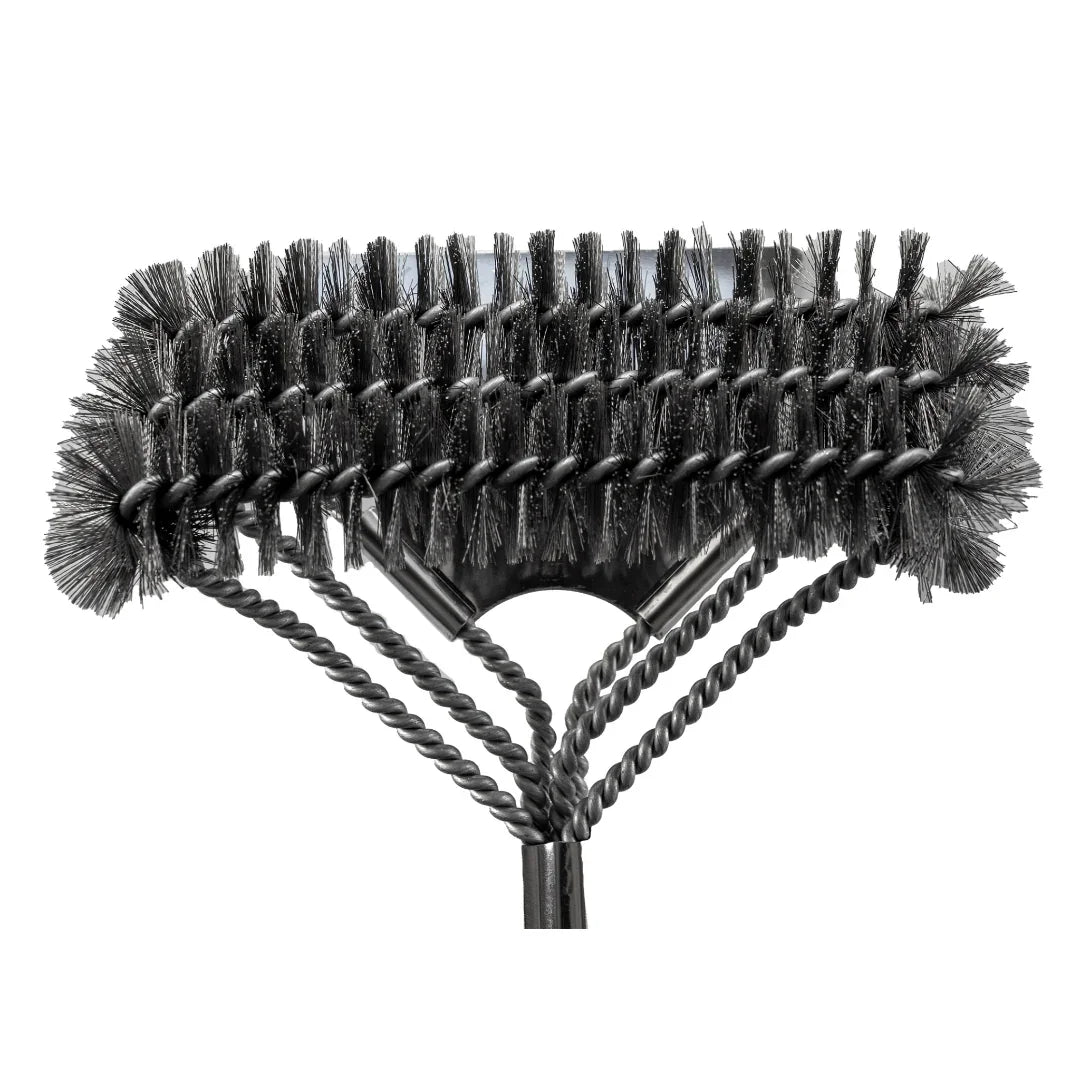 Omberg triple-head grill brush stainless steel, top view showing three cleaning sections