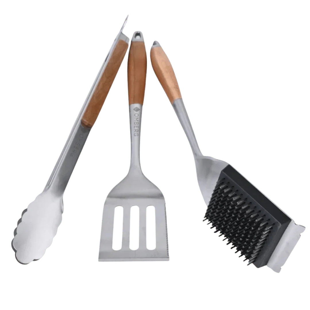 Professional BBQ tool set stainless steel with wooden handles, tools laid out