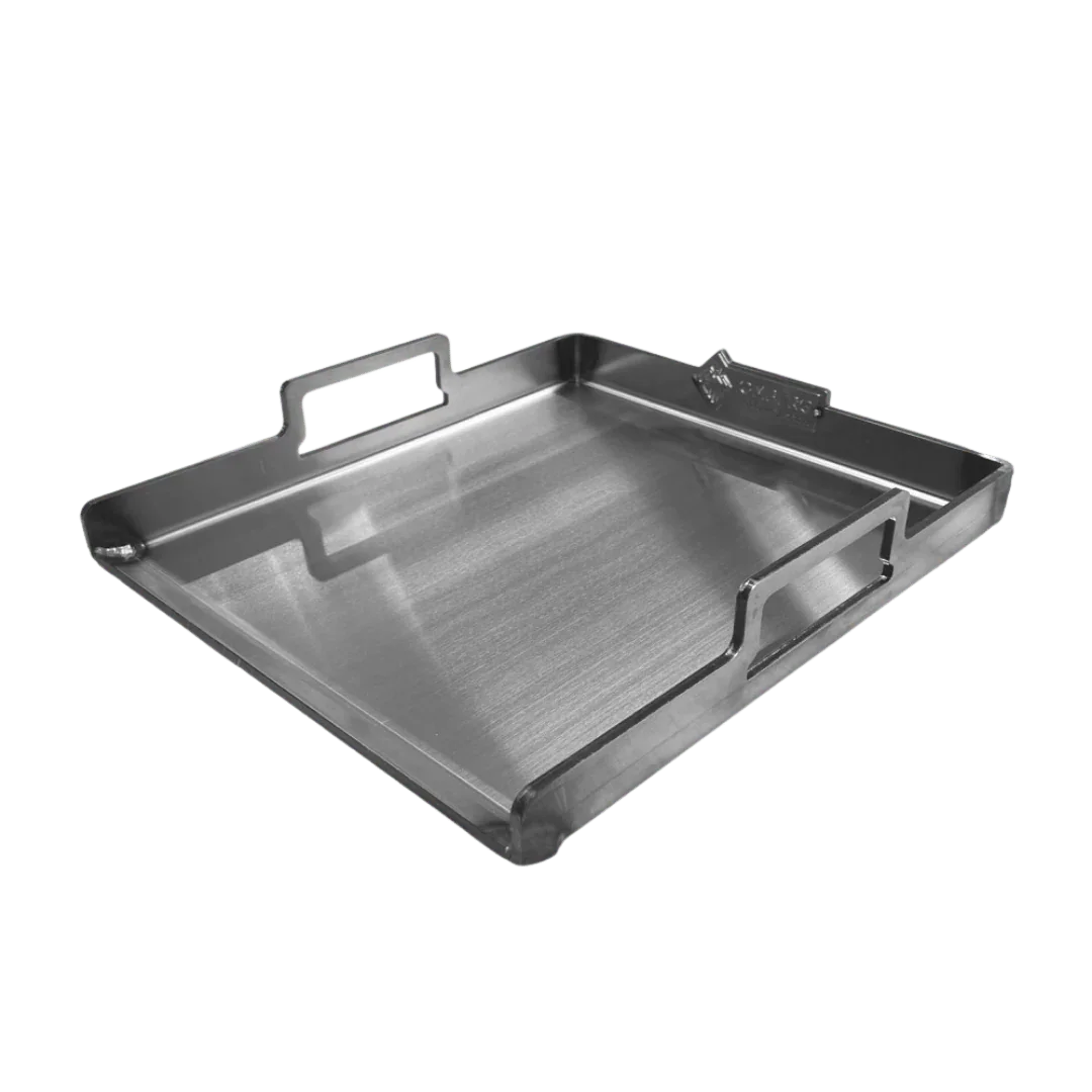 Swedish carbon steel griddle for Asado brasero shelf, side profile showing thickness