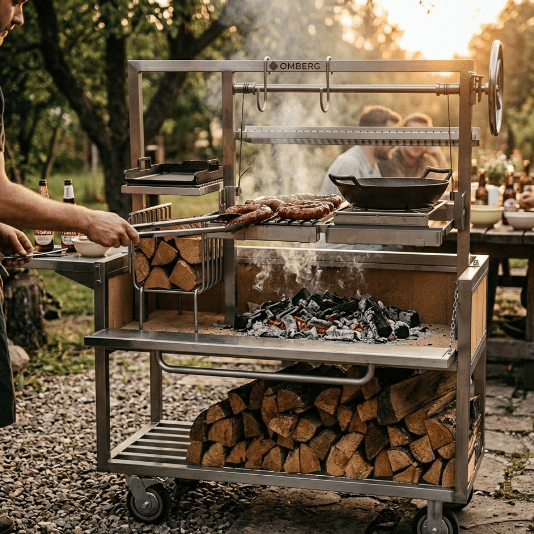 Person grilling Polish kielbasa over hardwood charcoal on an Argentine asado grill during traditional outdoor grillowanie