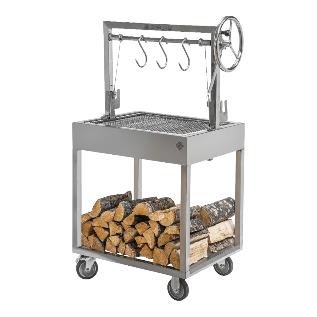 Omberg Asado Gaucho 800 stainless steel Argentine parrilla grill, front view showing V-grates and brasero