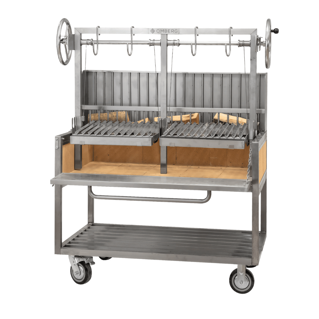 Stainless steel cart with multiple shelves and hooks on a transparent background
