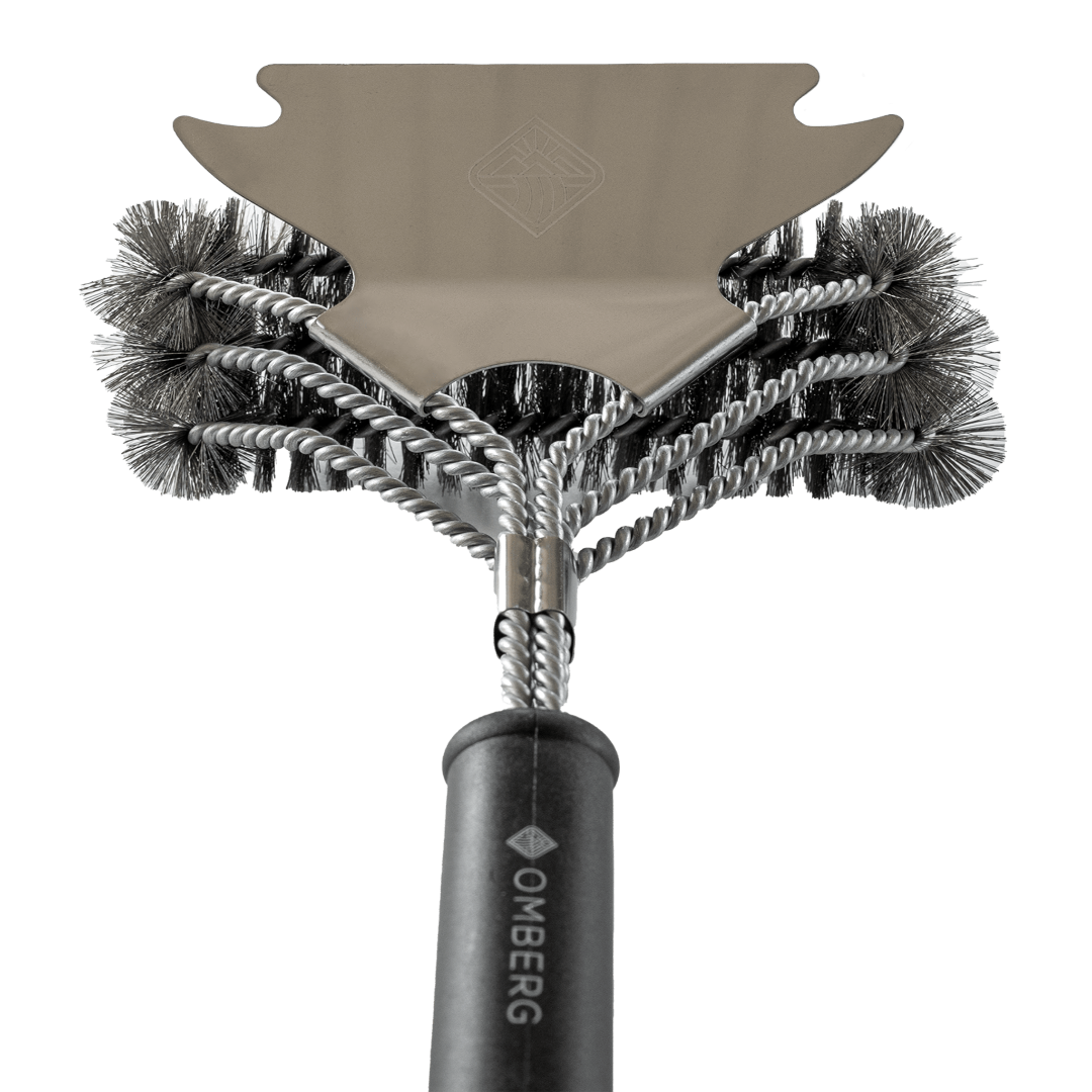 Omberg BBQ-borstel met ingebouwde schraper, detailweergave van handvat en kop