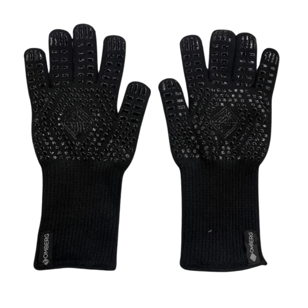 Omberg BBQ-Handschuhe 2er-Pack hitzebeständig schwarz, abgenutzte Hände halten Grillrost