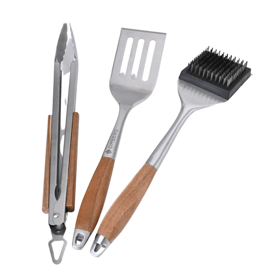BBQ-Werkzeugset Edelstahl-Spachtel, Zange und Grillbürste mit Holzgriffen, Komplettset Ansicht