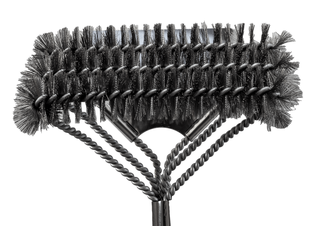 Omberg drievoudige grillborstel van roestvrij staal, bovenaanzicht met drie reinigingssecties